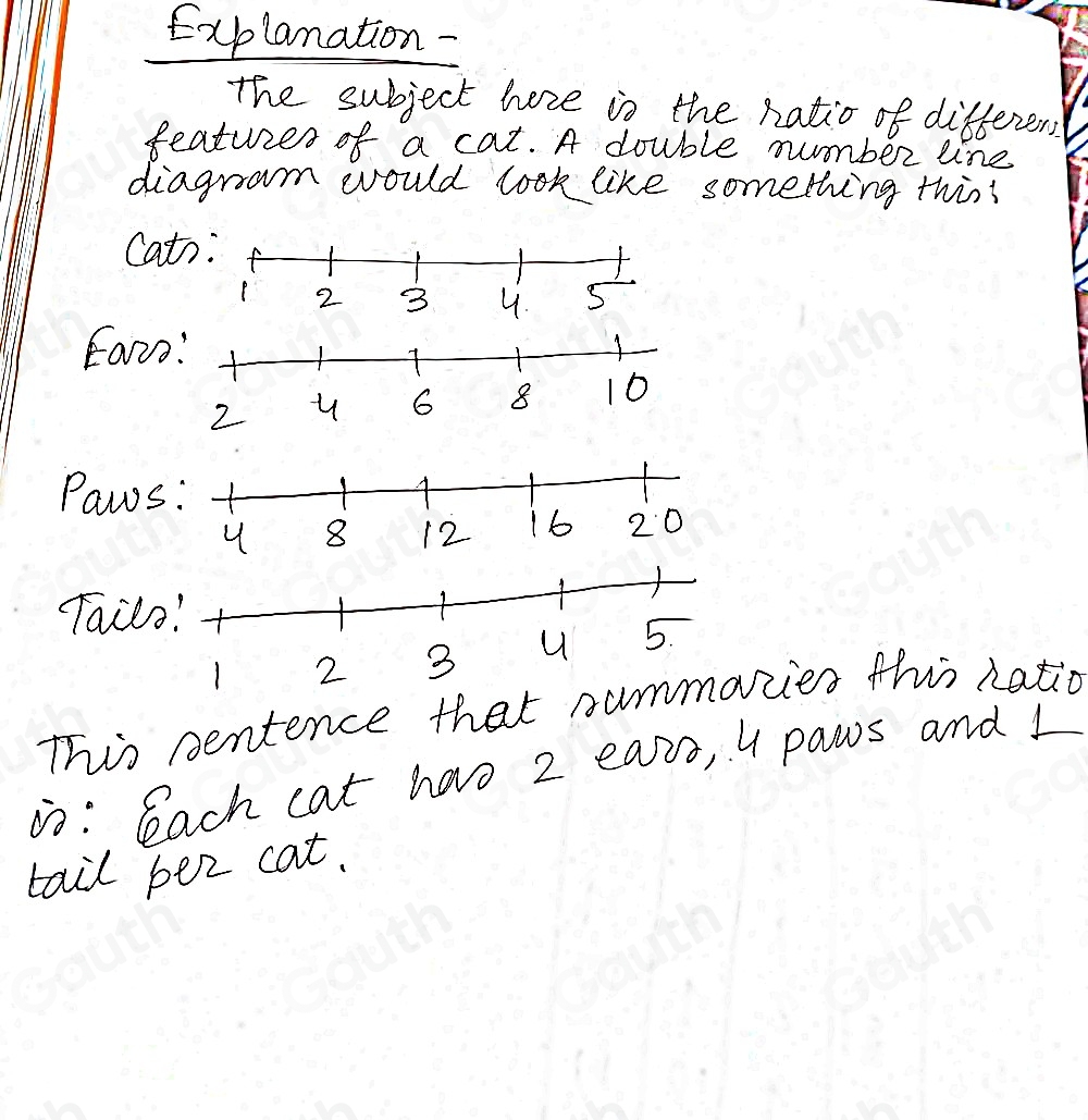 Explanation - 
the subject here is the natio of different 
features of a cat. A double number lne 
diagram would cook like something thin? 
Cat 
Ear2o 
Paws 
Tailo 
This pentence that suzies this natio 
D: Bach cat hao 2 eazo, 4 paws and 1
tail per cat.