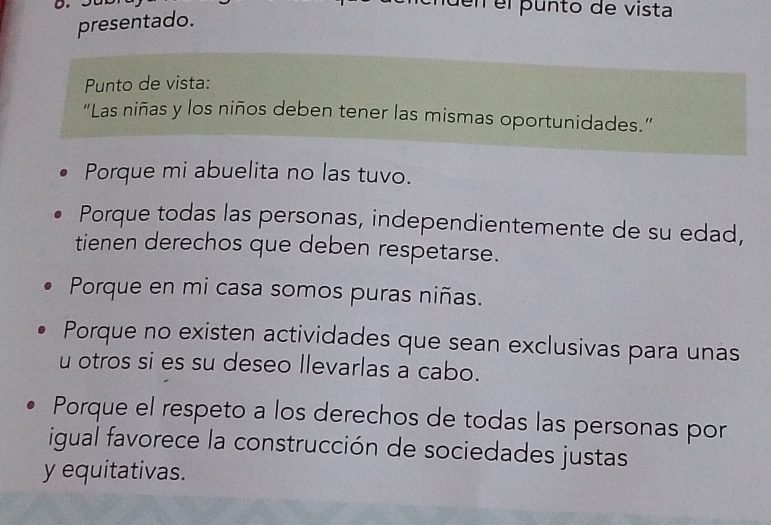 en el punto de vista
presentado.
Punto de vista:
“Las niñas y los niños deben tener las mismas oportunidades.”
Porque mi abuelita no las tuvo.
Porque todas las personas, independientemente de su edad,
tienen derechos que deben respetarse.
Porque en mi casa somos puras niñas.
Porque no existen actividades que sean exclusivas para unas
u otros si es su deseo llevarlas a cabo.
Porque el respeto a los derechos de todas las personas por
igual favorece la construcción de sociedades justas
y equitativas.