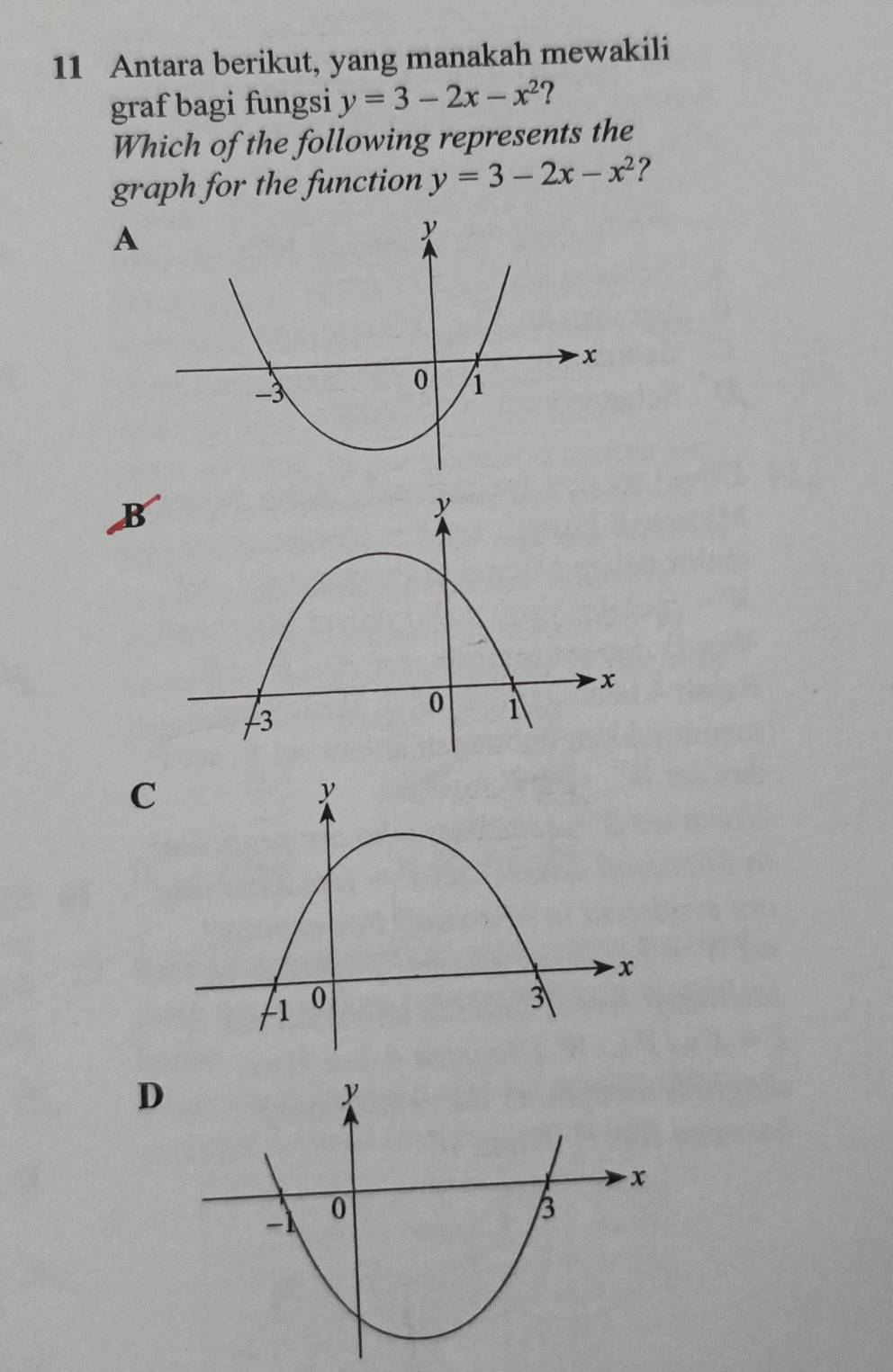 Antara berikut, yang manakah mewakili
graf bagi fungsi y=3-2x-x^2 2
Which of the following represents the
graph for the function y=3-2x-x^2 ?
A
B
C
D