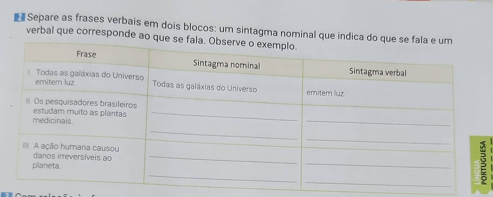 Separe as frases verbais em dois blocos: um sintagma nominal que i 
verbal que corresponde a