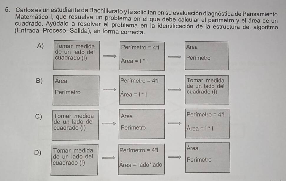 Carlos es un estudiante de Bachillerato y le solicitan en su evaluación diagnóstica de Pensamiento
Matemático I, que resuelva un problema en el que debe calcular el perímetro y el área de un
cuadrado. Ayúdalo a resolver el problema en la identificación de la estructura del algoritmo
(Entrada-Proceso-Salida), en forma correcta.
A) Tomar medida D_C erímetro =4^*| Área
de un lado del
cuadrado (I) Area =|^*| Perímetro
B) Área Perimetro =4^*1 Tomar medida
de un lado del
Perímetro Área =|^*| cuadrado (I)
Perímetro
Tomar medida Área =4^*|
C) de un lado del
cuadrado (I) Perímetro Área =|^*|
D) Tomar medida Perímetro =4^*1 Área
de un lado del
cuadrado (I) Área = la dO *lado Perimetro