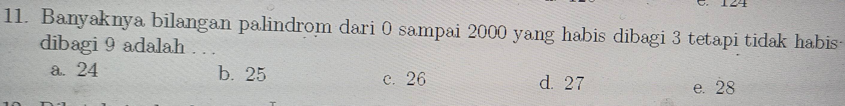 Banyaknya bilangan palindrom dari 0 sampai 2000 yang habis dibagi 3 tetapi tidak habis
dibagi 9 adalah . ..
a. 24 b. 25
c. 26 d. 27
e. 28