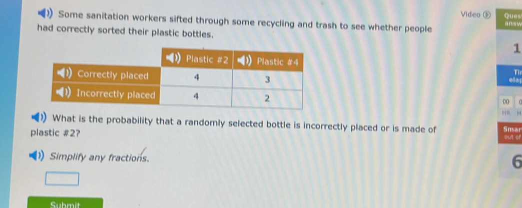 Video ⑥ Ques 
Some sanitation workers sifted through some recycling and trash to see whether people answ 
had correctly sorted their plastic bottles. 1 
TI 
ela 
00 
HR M 
What is the probability that a randomly selected bottle is incorrectly placed or is made of Smar 
plastic # 2? out of 
Simplify any fractions.
6
Submit