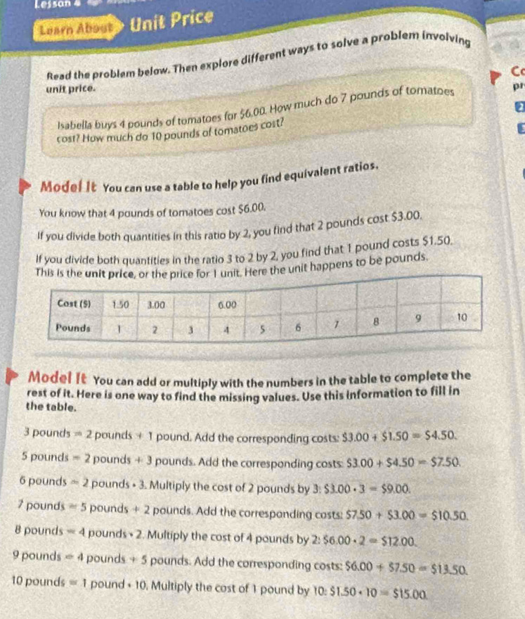 Less an 
Learn About Unit Price 
Read the problem below. Then explore different ways to solve a problem involving 
unit price. C 
Isabella buys 4 pounds of tomatoes for $6.00. How much do 7 pounds of tomatoes pr 
cost? How much do 10 pounds of tomatoes cost? a 
Mode! It You can use a table to help you find equivalent ratios. 
You know that 4 pounds of tomatoes cost $6.00. 
If you divide both quantities in this ratio by 2, you find that 2 pounds cost $3.00. 
If you divide both quantities in the ratio 3 to 2 by 2, you find that 1 pound costs $1.50. 
e the unit happens to be pounds. 
Mode! It You can add or multiply with the numbers in the table to complete the 
rest of it. Here is one way to find the missing values. Use this information to fill in 
the table.
3 pounds =2 pound +1 pound. Add the corresponding costs: $3.00+$1.50=$4.50.
5 pounds =2 pounds +3 pounds. Add the corresponding costs: $3.00+$4.50=$7.50
6 pounds =2 pound · 3 Multiply the cost of 2 pounds by 3:S3.00· 3=$9.00.
7 pounds =5 pounds +2 pounds. Add the correspanding costs: $7.50+$3.00=$10.50.
8 pounds =4 pound s· 2. Multiply the cost of 4 pounds by 2:$6.00· 2=$12.00.
9 pounds =4 pounds +5 pounds. Add the corresponding costs: $6.00+$7.50=$13.50
10 pounds =1 pound · 10 , Multiply the cost of 1 pound by 10:$1.50+10=$15.00