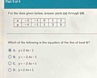 For the data given below, answer parts (a) through (d)
Which of the following is the equation of the line of best fit?
A. y=2.4x-1
B. y=-2.4x-1
c y=-2.4x+1
D. y=2.4x+1