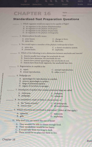 a
   
46%4
Inspector Sefection Zoom Zsam Scale Shar
CHAPTER 16 Curfe Name__
Standardized-Test Preparation Questions
_1. Which organiams would you expect to be capable of flight!
A. an organism in the phylum Platyhelminthes
B. an organism in the phylum Trichopters
C. an organism in the phylum Dissteroidis
D. an orgasism in the phylum Orthognasha
_2. Metamorphosis literally means
A. pose-bearer. B. spiny skin. D. flat-form. C. change in form.
_3. You would expect a member of the phylum Arthropoda to have
A. spiny skin. B. jointed limbs. D. nephridia. C. a closed circulatory system.
_4. Which of the following is nor a distinction between arachnids and insects?
A. Insects usually have wings, but arachnids do not.
B. Insects have antenmae, but srachnäds do not.
C. Insects have jointed appendages, but arachmids do not
D. Insects have three body segments, but arachnids have two.
_5. Regeneration in crayflsh is for
A. repair. B. sexual reproduction. D. either A or C. C. asexual reproduction.
_6. Pedipalps are
A. appendages for reproduction in crayfish.
B. sensory appendages in spiders.
C. fangs of poisonous spiders.
D. organs of excretion in sponges.
_7. Mouthparts of spiders that contain poisonous fangs are called
A. chelicerae. C. chelipeds.
B. pedipalps. D. carapaces,
_8. An exoskeleton made of chitin is characteristic of
A. the "tissue animals" C. all arthropods.
B. insects only D. all invertebrates.
_9. Which structures are involved in respiration? (Select all that apply.)
A. spiracles C. statocysts
B. gills D. nephridia
_10. Why don't you see insects the size of birds?
A. They wouldn't be able to obtain enough food.
B. Their exoskeleton would be too heavy.
C. It would take them too long to molt.
D. There would be no place for them to live.
Chapter 16 Biok