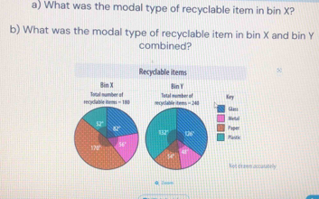 What was the modal type of recyclable item in bin X?
b) What was the modal type of recyclable item in bin X and bin Y
combined?
Recyclable items 50
Bin X Bin Y
recydiable iteme Total number of Tutal number of Kry
=781 necyclable item =140 Glass
Martal
Paper
Plantic
Not crawn attutaonly
0 7—