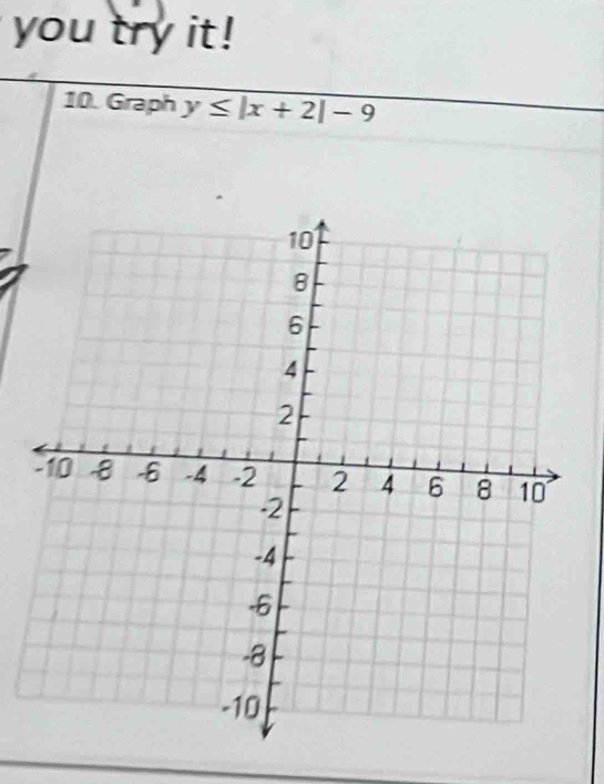 you try it! 
10. Graph y≤ |x+2|-9