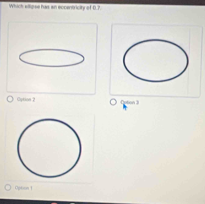 Which ellipse has an eccentricity of 0.7.
Option 2 Option 3
Option 1