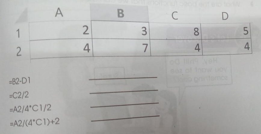 =B2-D1
_
=C2/2
_ 
_
=A2/4^*C1/2
_
=A2/(4^*C1)+2