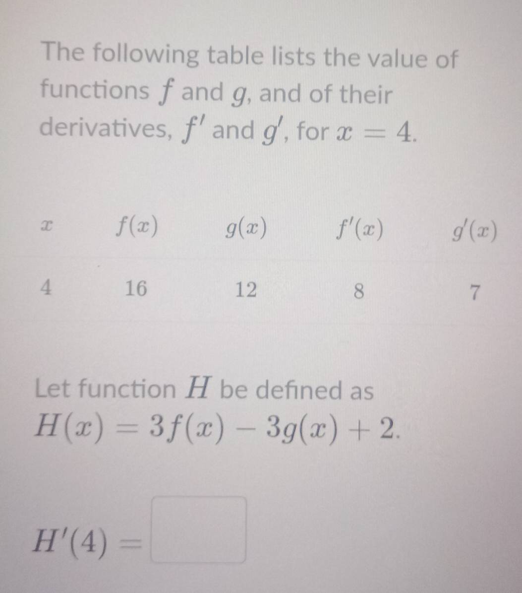 The following table lists the value of
functions f and g, and of their
derivatives, f' and g' , for x=4.
Let function H be defined as
H(x)=3f(x)-3g(x)+2.
H'(4)=□