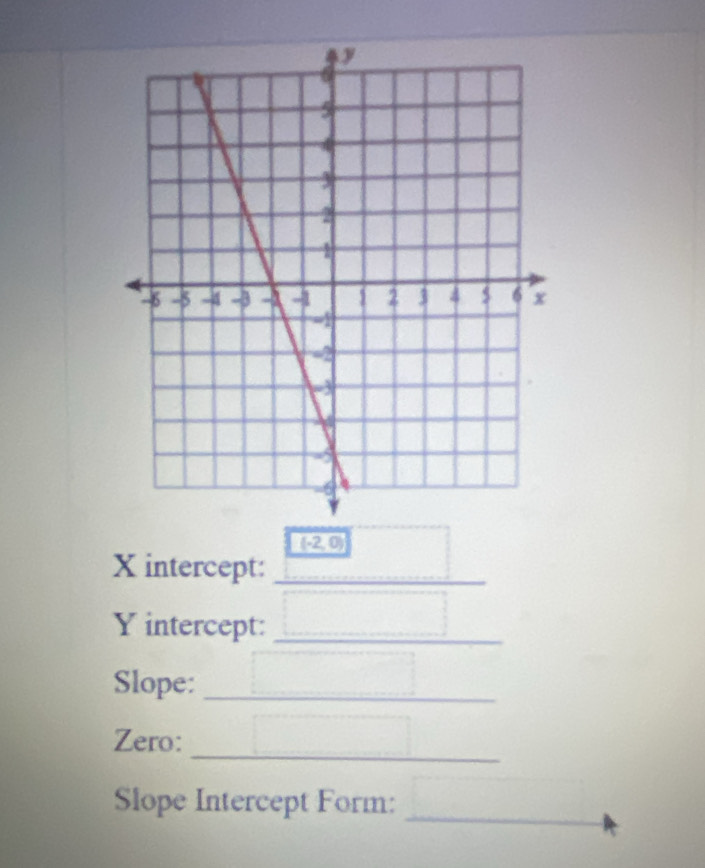 20
X intercept:_
Y intercept:_ 
Slope:_ 
_ 
Zero: 
_ 
Slope Intercept Form: