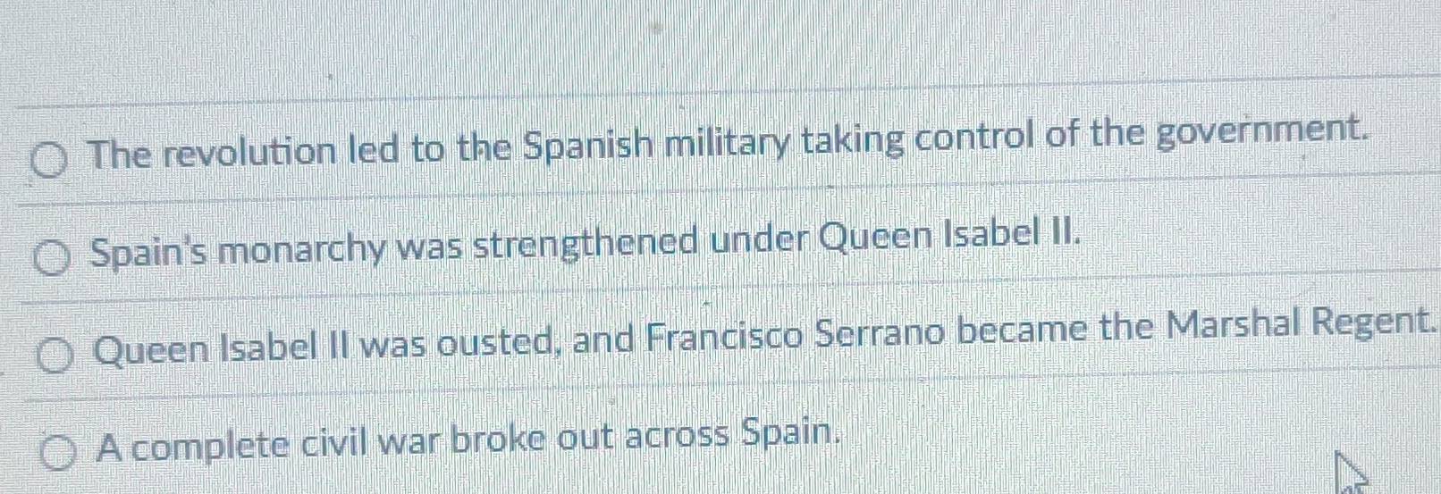 The revolution led to the Spanish military taking control of the government. 
Spain's monarchy was strengthened under Queen Isabel II. 
Queen Isabel II was ousted, and Francisco Serrano became the Marshal Regent. 
A complete civil war broke out across Spain.