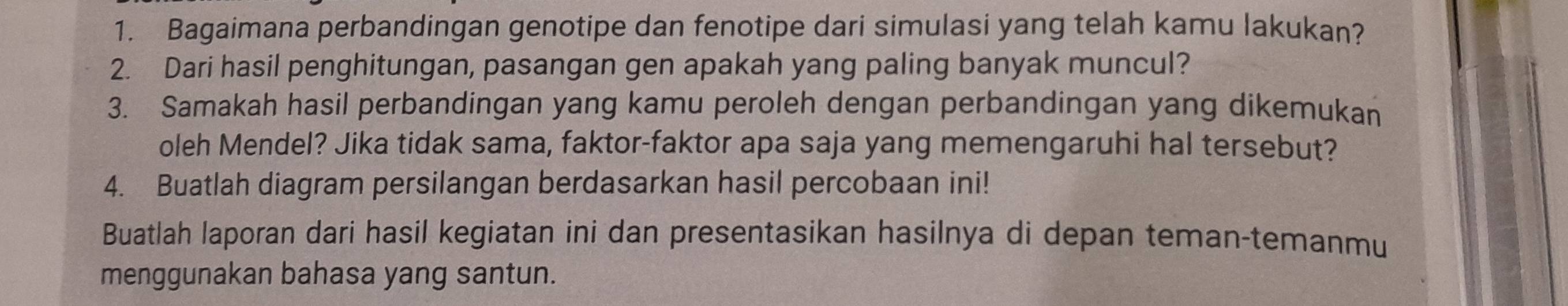 Bagaimana perbandingan genotipe dan fenotipe dari simulasi yang telah kamu lakukan? 
2. Dari hasil penghitungan, pasangan gen apakah yang paling banyak muncul? 
3. Samakah hasil perbandingan yang kamu peroleh dengan perbandingan yang dikemukan 
oleh Mendel? Jika tidak sama, faktor-faktor apa saja yang memengaruhi hal tersebut? 
4. Buatlah diagram persilangan berdasarkan hasil percobaan ini! 
Buatlah laporan dari hasil kegiatan ini dan presentasikan hasilnya di depan teman-temanmu 
menggunakan bahasa yang santun.