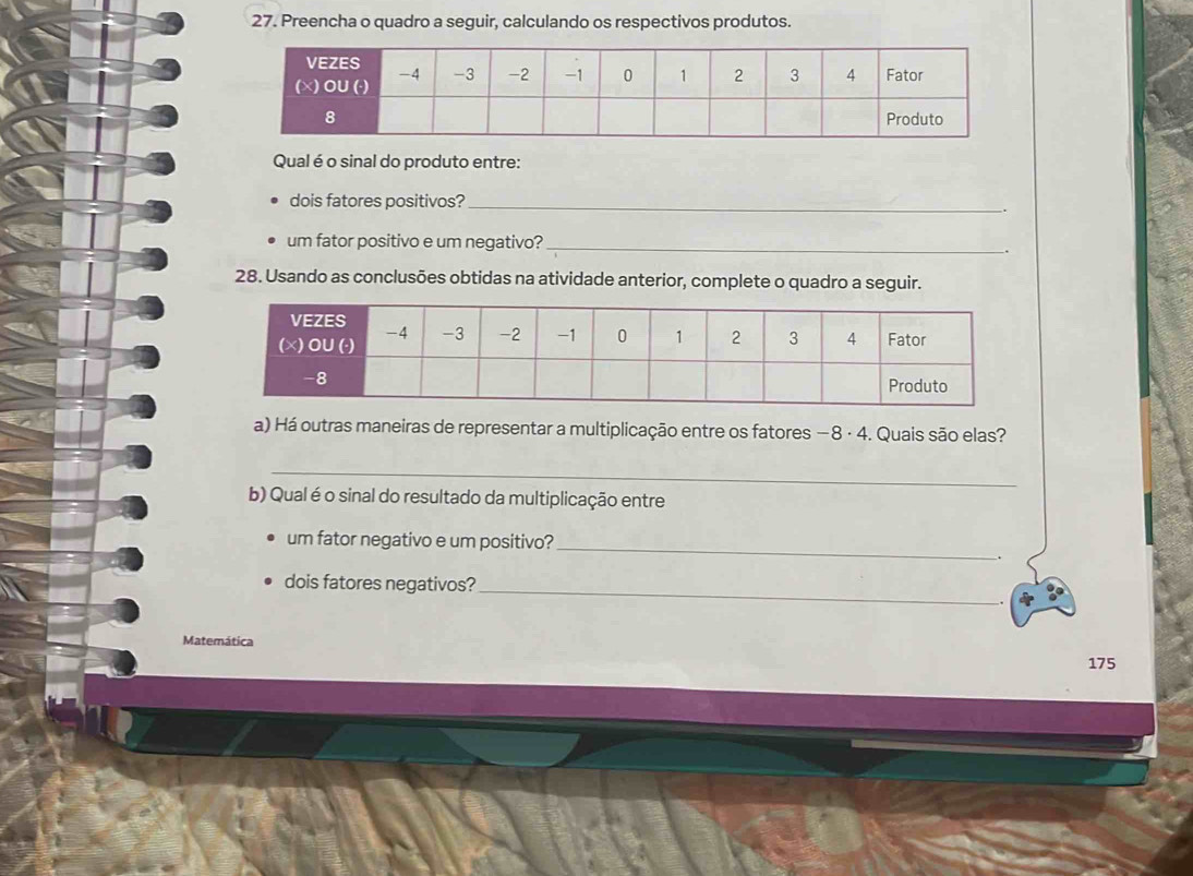 Preencha o quadro a seguir, calculando os respectivos produtos. 
Qual é o sinal do produto entre: 
dois fatores positivos?_ 
um fator positivo e um negativo?_ 
28. Usando as conclusões obtidas na atividade anterior, complete o quadro a seguir. 
a) Há outras maneiras de representar a multiplicação entre os fatores −8 · 4. Quais são elas? 
_ 
b) Qual é o sinal do resultado da multiplicação entre 
um fator negativo e um positivo?_ 
. 
dois fatores negativos?_ 
Matemática 
175