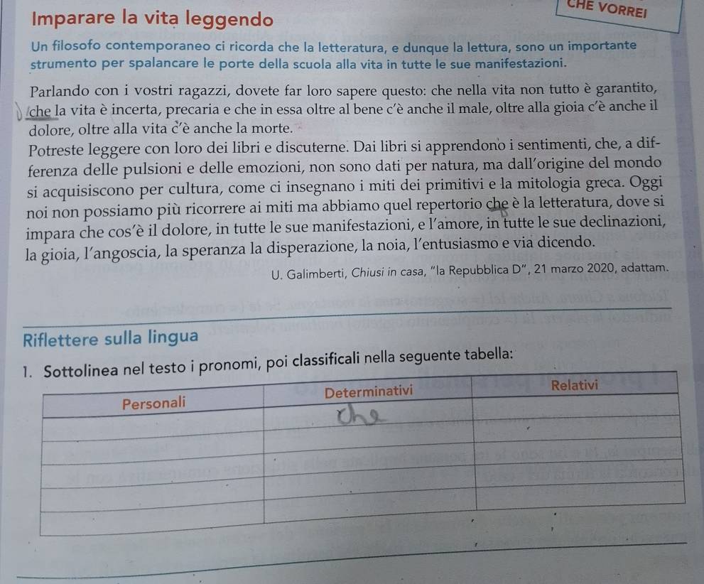 CHE VORREI 
Imparare la vita leggendo 
Un filosofo contemporaneo ci ricorda che la letteratura, e dunque la lettura, sono un importante 
strumento per spalancare le porte della scuola alla vita in tutte le sue manifestazioni. 
Parlando con i vostri ragazzi, dovete far loro sapere questo: che nella vita non tutto è garantito, 
che la vita è incerta, precaria e che in essa oltre al bene c'è anche il male, oltre alla gioia c’è anche il 
dolore, oltre alla vita c’è anche la morte. 
Potreste leggere con loro dei libri e discuterne. Dai libri si apprendono i sentimenti, che, a dif- 
ferenza delle pulsioni e delle emozioni, non sono dati per natura, ma dall’origine del mondo 
si acquisiscono per cultura, come ci insegnano i miti dei primitivi e la mitologia greca. Oggi 
noi non possiamo più ricorrere ai miti ma abbiamo quel repertorio che è la letteratura, dove si 
impara che cos’è il dolore, in tutte le sue manifestazioni, e l’amore, in tutte le sue declinazioni, 
la gioia, l’angoscia, la speranza la disperazione, la noia, l’entusiasmo e via dicendo. 
U. Galimberti, Chiusi in casa, “la Repubblica D”, 21 marzo 2020, adattam. 
Riflettere sulla lingua 
omi, poi classificali nella seguente tabella: