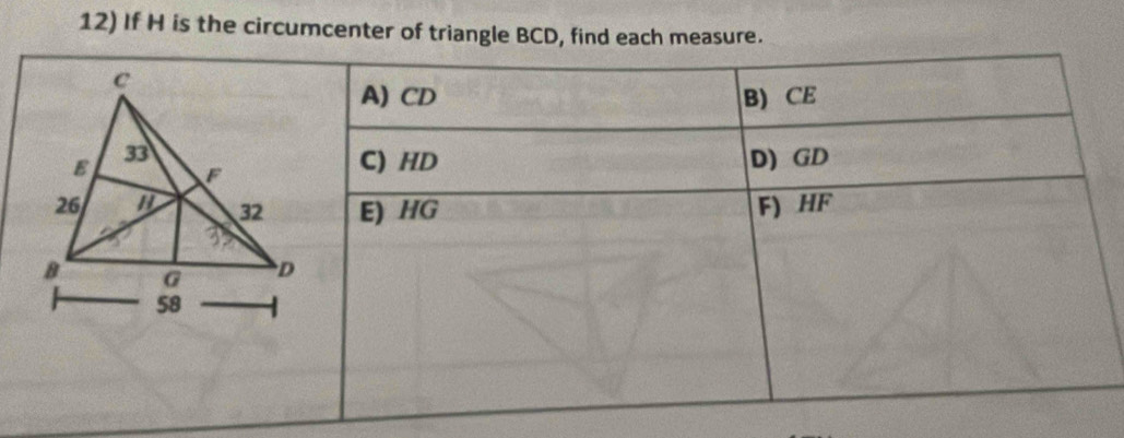 If H is the circumcenter of triangle BCD, find each measure.