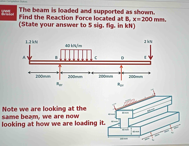 stion Completion Status:
UWE The beam is loaded and supported as shown.
Bristol Find the Reaction Force located at B, x=200mm.
(State your answer to 5 sig. fig. in kN)
Note we are looking at the
same beam, we are now 
looking at how we are loading i