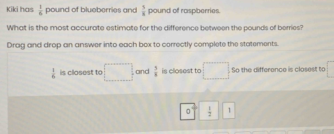 Kiki has  1/6  pound of blueberries and  5/8  pound of raspberries. 
What is the most accurate estimate for the difference between the pounds of berries? 
Drag and drop an answer into each box to correctly complete the statements.
 1/6  is closest to and  5/8  is closest to □ So the difference is closest to
0  1/2  1