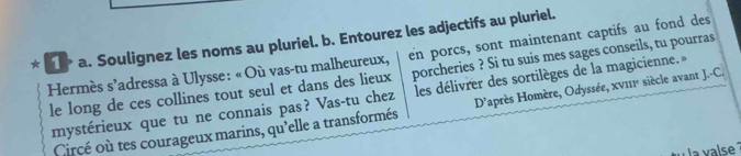 en porcs, sont maintenant captifs au fond des 
* 1 > a. Soulignez les noms au pluriel. b. Entourez les adjectifs au pluriel. 
le long de ces collines tout seul et dans des lieux porcheries ? Si tu suis mes sages conseils, tu pourras 
Hermès s’adressa à Ulysse: «Où vas-tu malheureux, les délivrer des sortilèges de la magicienne. » 
mystérieux que tu ne connais pas? Vas-tu chez D'après Homère, Odyssée, xvI11 siècle avant J.-C. 
Circé où tes courageux marins, qu'elle a transformés 
la valse ¹