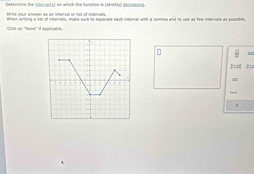 Determine the interval(s) on which the function is (strictly) decreasing. 
Write your answer as an interval or list of intervals. 
When writing a list of intervals, make sure to separate each interval with a comma and to use as few intervals as possible. 
Click on "None" if applicable.
 □ /□   □ □ 
[□, □ (□,
∞
×