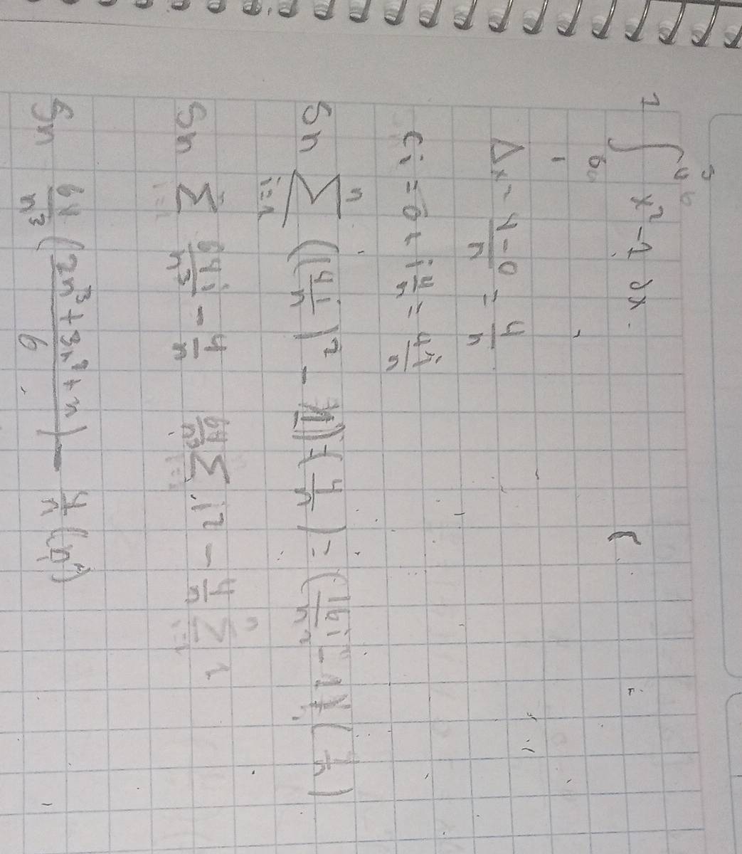 ∈t _0^((20)x^2)-1x
C
Delta x= (y-0)/n = 4/n 
C_i=0+i 4/n = 4i/n 
Snsumlimits _(i=1)^n(( 4i/n )^2-11)=( 4/n )-( 16i/n -1)!( 1/n )
Snsumlimits^3 64i/n^3 - 4/n sumlimits _4_n=1sumlimits^n_n12- 4/n sumlimits _1^(n1
Sn frac 6x)n^3( (2n^3+3n^2+n)/6 )- 4/n (n^4)