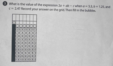 What is the value of the expression 2a+ab-c when a=5.3, b=1.25 , and
c=2.4 ? Record your answer on the grid. Then fill in the bubbles.