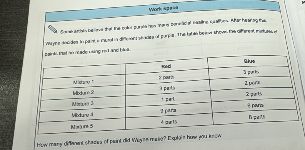 Work space 
Some artists believe that the color purple has many beneficial healing qualities. After hearing this, 
Wayne decides to paint a mural in different shades of purple. The table below shows the different mixtures of 
g red and blue. 
How many different shades of paint did Wayne make? Explain ho