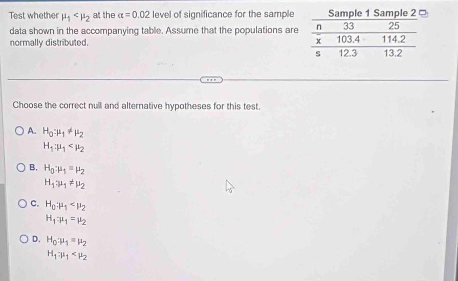 Test whether mu _1 at the alpha =0.02 level of significance for the sample
data shown in the accompanying table. Assume that the populations are
normally distributed.
Choose the correct null and alternative hypotheses for this test.
A. H_0:mu _1!= mu _2
H_1:mu _1
B. H_0:mu _1=mu _2
H_1:mu _1!= mu _2
C. H_0:mu _1
H_1:mu _1=mu _2
D. H_0:mu _1=mu _2
H_1:mu _1