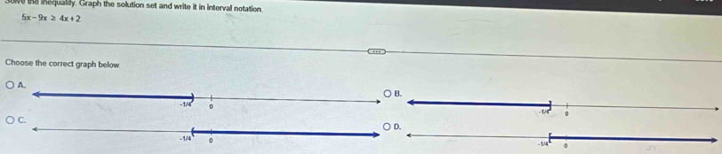 solve the inequalily. Graph the solution set and write it in interval notation.
5x-9x≥ 4x+2
Choose the correct graph below 
C.