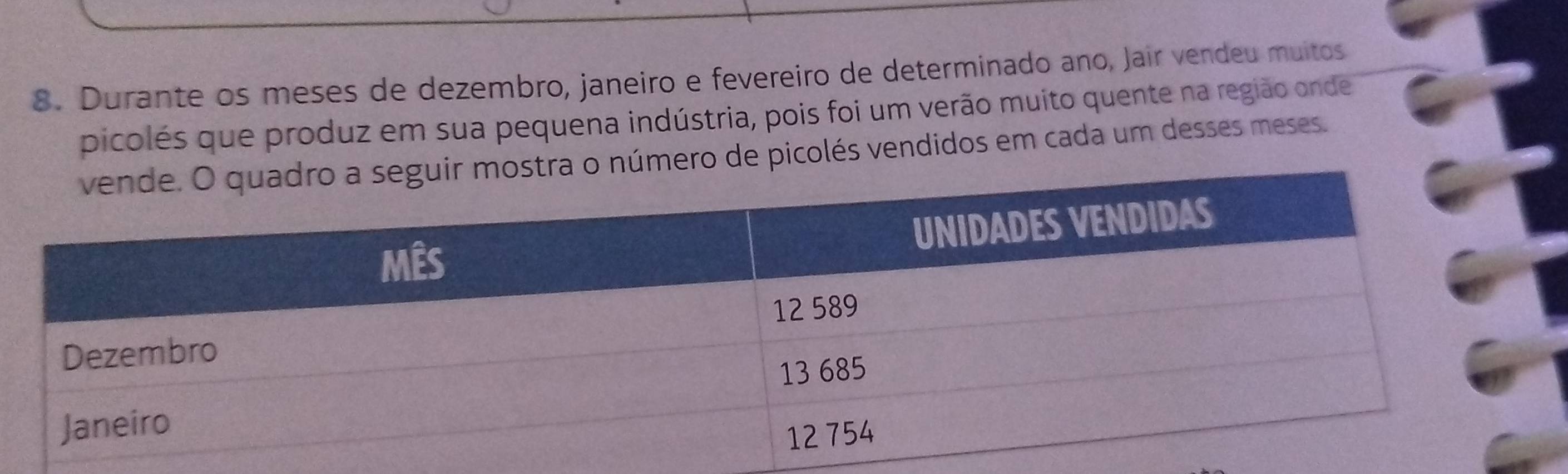 Durante os meses de dezembro, janeiro e fevereiro de determinado ano, Jair vendeu muitos 
picolés que produz em sua pequena indústria, pois foi um verão muito quente na região onde 
ir mostra o número de picolés vendidos em cada um desses meses.