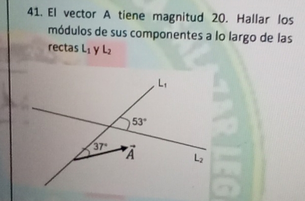 El vector A tiene magnitud 20. Hallar los
módulos de sus componentes a lo largo de las
rectas L_1 y L_2