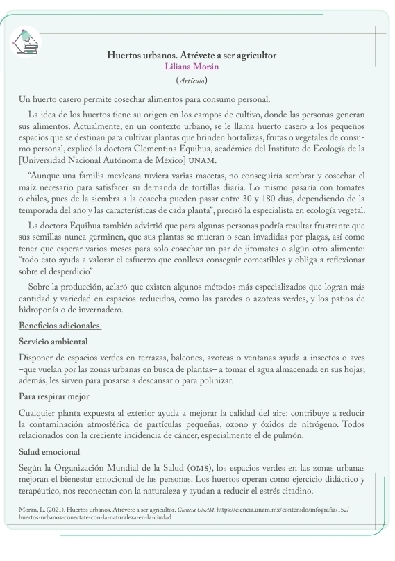 Huertos urbanos. Atrévete a ser agricultor
Liliana Morán
(Artículo)
Un huerto casero permite cosechar alimentos para consumo personal.
La idea de los huertos tiene su origen en los campos de cultivo, donde las personas generan
sus alimentos. Actualmente, en un contexto urbano, se le llama huerto casero a los pequeños
espacios que se destinan para cultivar plantas que brinden hortalizas, frutas o vegetales de consu-
mo personal, explicó la doctora Clementina Equihua, académica del Instituto de Ecología de la
[Universidad Nacional Autónoma de México] UNAM.
'Aunque una familia mexicana tuviera varias macetas, no conseguiría sembrar y cosechar el
maíz necesario para satisfacer su demanda de tortillas diaria. Lo mismo pasaría con tomates
o chiles, pues de la siembra a la cosecha pueden pasar entre 30 y 180 días, dependiendo de la
temporada del año y las características de cada planta', precisó la especialista en ecología vegetal.
La doctora Equihua también advirtió que para algunas personas podría resultar frustrante que
sus semillas nunca germinen, que sus plantas se mueran o sean invadidas por plagas, así como
tener que esperar varios meses para solo cosechar un par de jitomates o algún otro alimento:
“todo esto ayuda a valorar el esfuerzo que conlleva conseguir comestibles y obliga a reflexionar
sobre el desperdicio".
Sobre la producción, aclaró que existen algunos métodos más especializados que logran más
cantidad y variedad en espacios reducidos, como las paredes o azoteas verdes, y los patios de
hidroponía o de invernadero.
Beneficios adicionales
Servicio ambiental
Disponer de espacios verdes en terrazas, balcones, azoteas o ventanas ayuda a insectos o aves
-que vuelan por las zonas urbanas en busca de plantas- a tomar el agua almacenada en sus hojas;
además, les sirven para posarse a descansar o para polinizar.
Para respirar mejor
Cualquier planta expuesta al exterior ayuda a mejorar la calidad del aire: contribuye a reducir
la contaminación atmosférica de partículas pequeñas, ozono y óxidos de nitrógeno. Todos
relacionados con la creciente incidencia de cáncer, especialmente el de pulmón.
Salud emocional
Según la Organización Mundial de la Salud (OMS), los espacios verdes en las zonas urbanas
mejoran el bienestar emocional de las personas. Los huertos operan como ejercicio didáctico y
terapéutico, nos reconectan con la naturaleza y ayudan a reducir el estrés citadino.
Morán, L. (2021). Huertos urbanos. Atrévete a ser agricultor. Ciecia UNAM. https://ciencia.unam.mx/contenido/infografía/152/
huertos-urbanos-conectate-con-la-naturaleza-en-la-ciudad