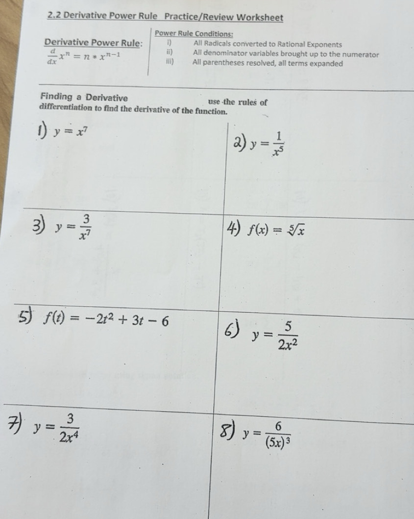 Solved: 2.2 Derivative Power Rule Practice/Review Worksheet Power Rule ...