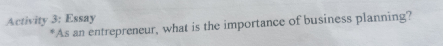 Activity 3: Essay 
*As an entrepreneur, what is the importance of business planning?
