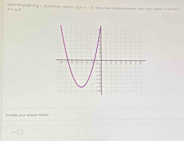 Given the graph of y=f(x) below, solve for f(x)=-3. If you have multiple answers, enter your answer in the form,
x=a, b
Provide your answer below:
x=□