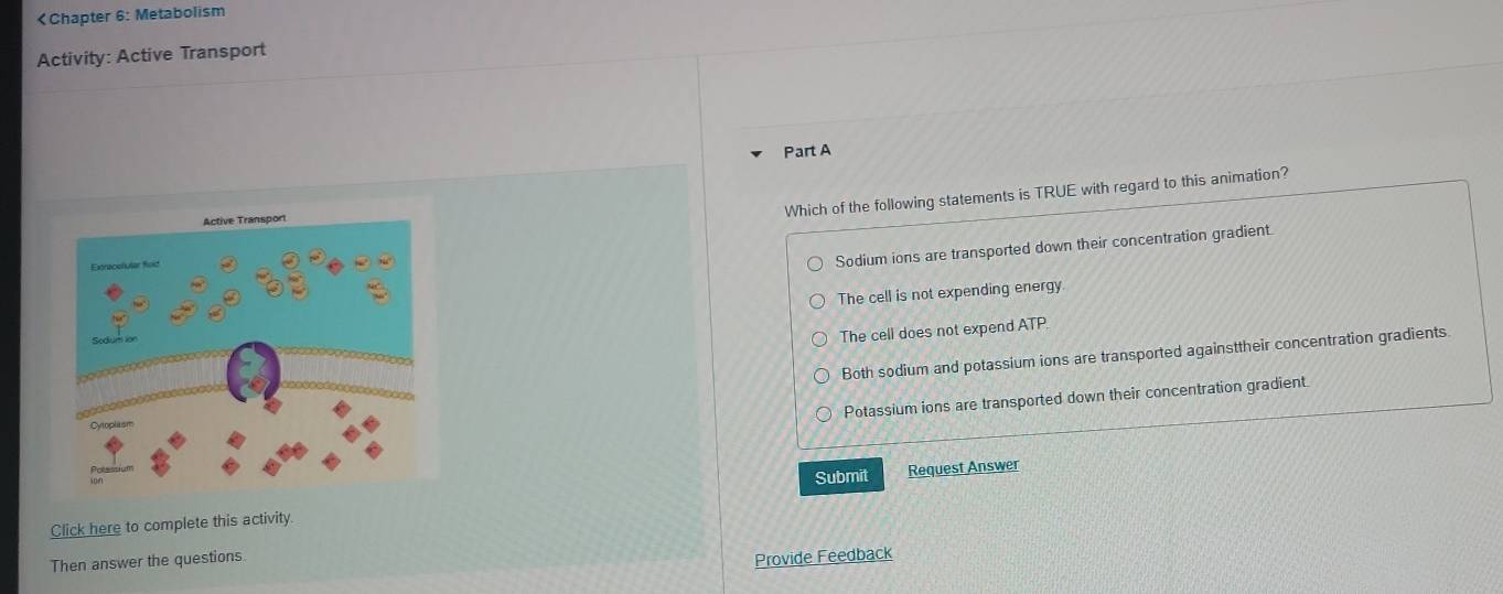 Sodium ions are transported down their concentration gradient.
The cell is not expending energy.
The cell does not expend ATP.
Both sodium and potassium ions are transported againsttheir concentration gradients
Potassium ions are transported down their concentration gradient
Submit Request Answer
Click here to complete this activity
Then answer the questions Provide Feedback