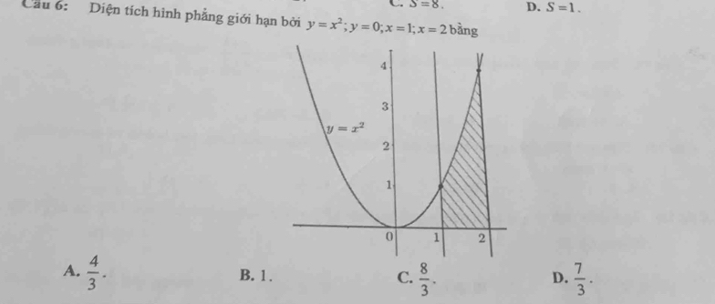 C S=8. D. S=1.
Cầu 6: Diện tích hình phẳng giới hạn bởi y=x^2;y=0;x=1;x=2 bàng
A.  4/3 .  7/3 .
C.  8/3 .
B. 1 . D.