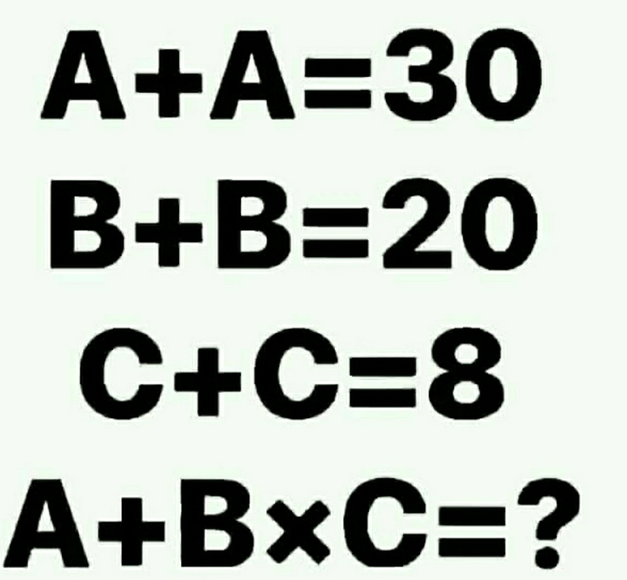 A+A=30
B+B=20
C+C=8
A+B* C= ?