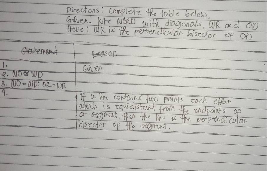 pirections: complete the table below. 
Given: kife WORD with diagonals. UR and OD
Prove: WR is the perpendicular bisector of Ob
r> 
Reason 
1. 
Given 
2. WO≌ WD
3. WO=WD:OR=DR
9. If a line cortains two points each offer 
which is equidistant from the indpoints of 
a seoment, then the line is the perpendicular 
bisector of the regrat.