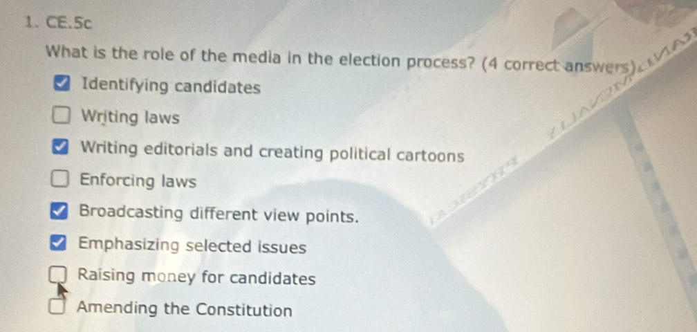 CE.5c
What is the role of the media in the election process? (4 correct answers)
Identifying candidates
Writing laws
Writing editorials and creating political cartoons
Enforcing laws
Broadcasting different view points.
I Emphasizing selected issues
Raising money for candidates
Amending the Constitution