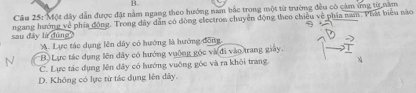 Một dây dẫn được đặt nằm ngang theo hướng nam bắc trong một từ trường đều có cảm ứng từ năm
sau đây là đúne ngang hướng về phía động. Trong dây dẫn có đồng electron chuyện động theo chiều về phía nam. Phát biểu nào
A. Lực tác dụng lên dây có hướng là hướng đồng
B. Lực tác dụng lên đây có hướng vuỡng góc và đi vào trang giảy.
C. Lực tác dụng lên dây có hướng vuông góc và ra khỏi trang.
D. Không có lực từ tác dụng lên đây.