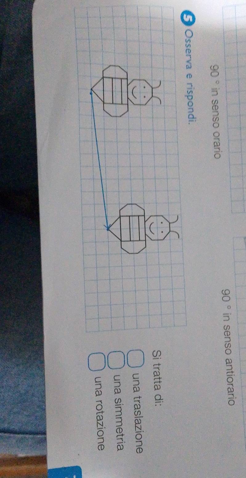 90°
90° in senso orario in senso antiorario
5 Osserva e rispondi.
Si tratta di:
una traslazione
una simmetria
una rotazione