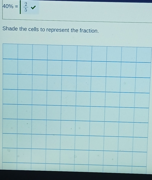 40% =| 2/5 
Shade the cells to represent the fraction.