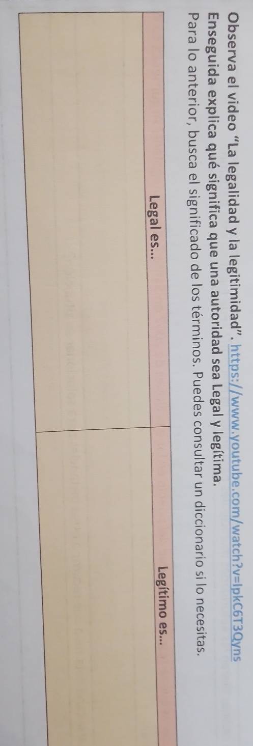 Observa el video “La legalidad y la legitimidad”. https://www.youtube.com/watch ?v= IpkC6T3Qyns 
Enseguida explica qué significa que una autoridad sea Legal y legítima. 
Para lo anterior, busca el significado de los términos. Puedes consultar un diccionario si lo necesitas.