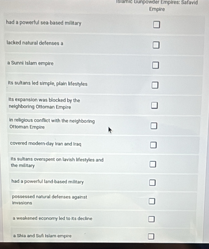 Islamić Günpowder Empires: Safavid
Empire
had a powerful sea-based military □ 
lacked natural defenses a
V
a Sunni Islam empire
its sultans led simple, plain lifestyles
its expansion was blocked by the
neighboring Ottoman Empire
□ 
in religious conflict with the neighboring
Ottoman Empire
□ 
covered modern-day Iran and Iraq
□
its sultans overspent on lavish lifestyles and
the military
□
had a powerful land-based military
□ 
possessed natural defenses against
invasions
□
a weakened economy led to its decline □
a Shia and Sufi Islam empire