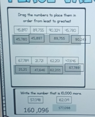 Write the number that is 10,000 more.
57,098 162,019
160 ,096 177,098