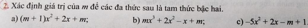 Xác định giá trị của m để các đa thức sau là tam thức bậc hai.
a) (m+1)x^2+2x+m; b) mx^3+2x^2-x+m -5x^2+2x-m+1
c)