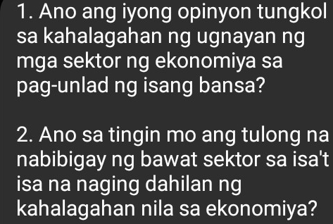 Ano ang iyong opinyon tungkol 
sa kahalagahan ng ugnayan ng 
mga sektor ng ekonomiya sa 
pag-unlad ng isang bansa? 
2. Ano sa tingin mo ang tulong na 
nabibigay ng bawat sektor sa isa't 
isa na naging dahilan ng 
kahalagahan nila sa ekonomiya?