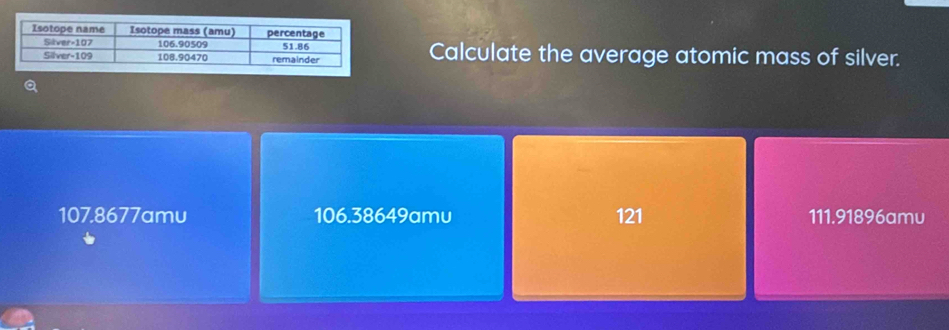 Calculate the average atomic mass of silver.
107.8677amu 106.38649amu 121 111.91896amu